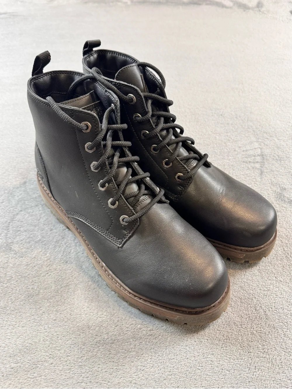 Skechers Alley Cat Black Leather Lace-Up Boots with Brown Lug Sole